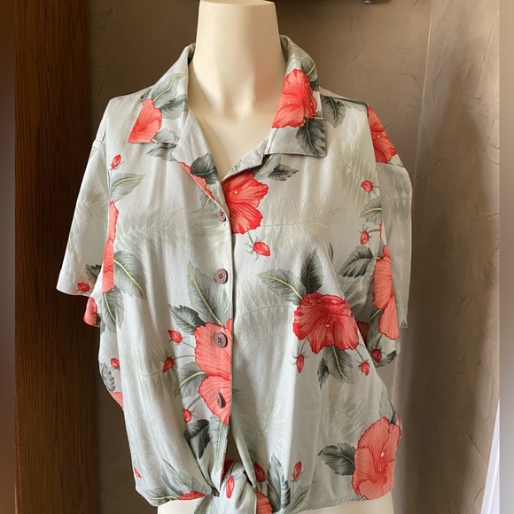 Retro 1950s HAVANA JACKS CAFE Hibiscus CROPPED Camp HAWAIIAN SHIRT with/ Tie - Picture 9 of 10